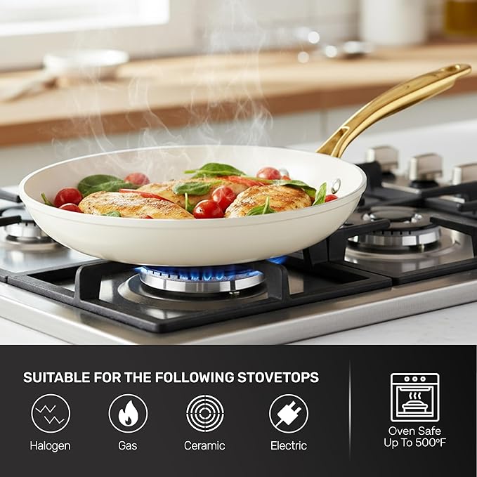 Gotham Steel 15 Pc Ceramic Cookware Set Ceramic Pots and Pans Set Non Stick with Cooking Utensils and Steamer Non Toxic PFOA PFOS Free Premium Gold Stay Cool Handles Oven &amp Dishwasher Safe