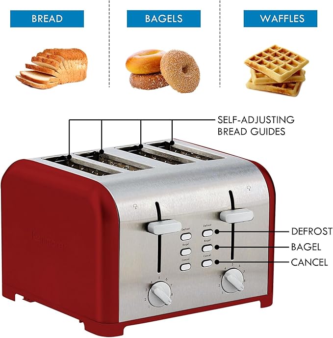 Kenmore toaster 4 slice - extra wide slot countertop kitchen appliance defrost function tostador de pan 9 shade settings compact design easy clean crumb tray bread bagel stainless steel &amp R