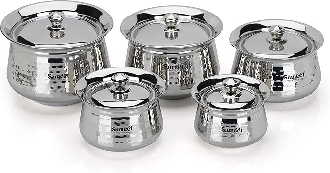 Sumeet Stainless Steel Handcrafted Hammered Texture Handi Set with Lid for Kitchen Set of 5 460ml 650ml 950ml 1300ml &amp 1700ml Silver