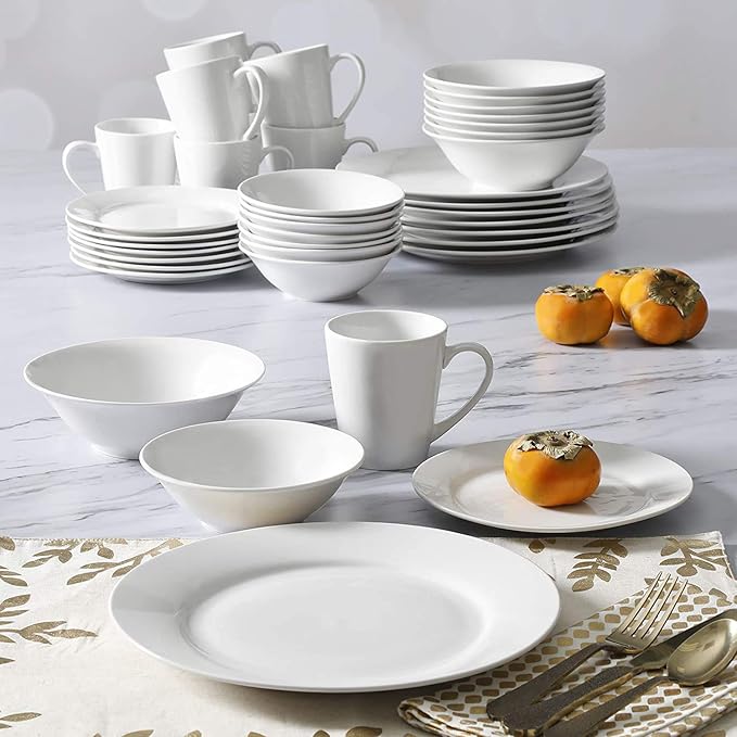 Gibson Home 102563.16RM Classic Porcelain Zen Buffet 16 Piece Round Dinnerware Set with Multi Sized Plates Bowls and Mugs White (2 Pack)