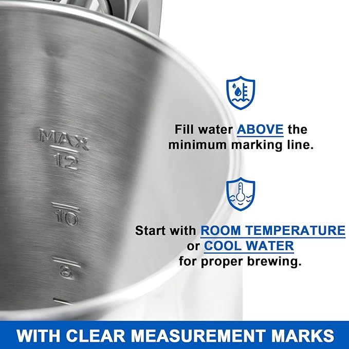 Electric coffee maker 12-cup capacity stainless steel construction automatic heating with boil-dry protection heat-resistant handle design 360° swivel base transparent brewing indicator.
