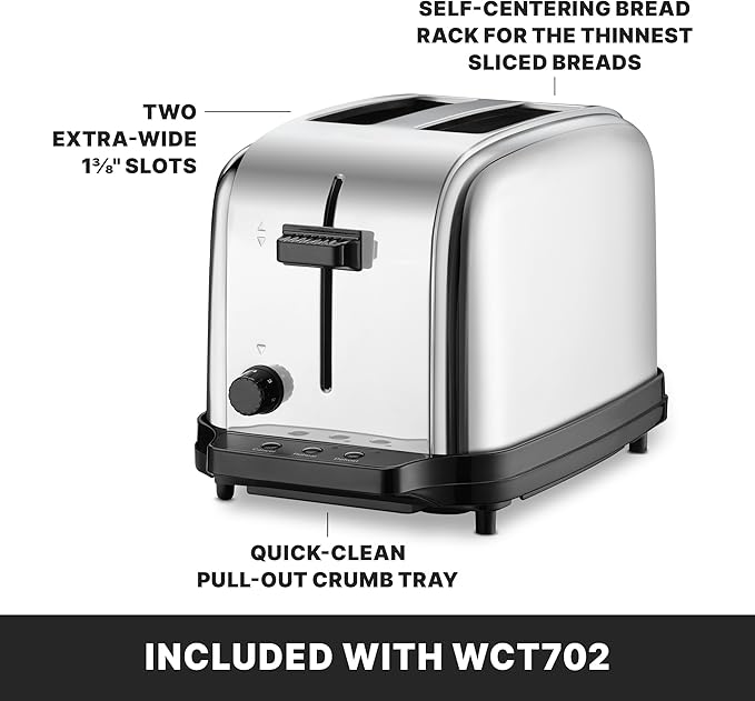Waring Commercial WCT702 2-Slice Commercial Light Duty Pop-Up Toaster 120V 5-15 Phase Plug Silver 2-Compartment