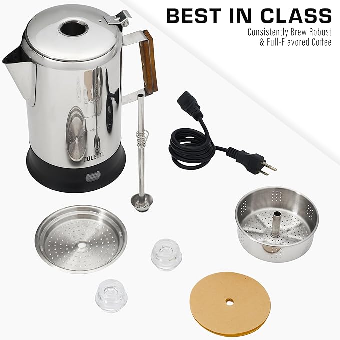COLETTI Bozeman Electric Percolator — Percolator Coffee Pot Coffee Percolator – [9 cup Stainless Steel]