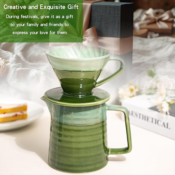 Topadorn Pour Over Coffee Maker Set 13 Oz Ceramic Coffee Maker &amp Pour Over Coffee Dripper Reusable Drip Coffee Maker for Café Restaurant Home Camping Green