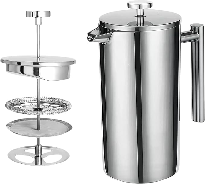 Travel French Press 34oz Stainless Steel Coffee Press for Camping Double Wall Insulated &amp No Drip Spout plastic free coffee maker
