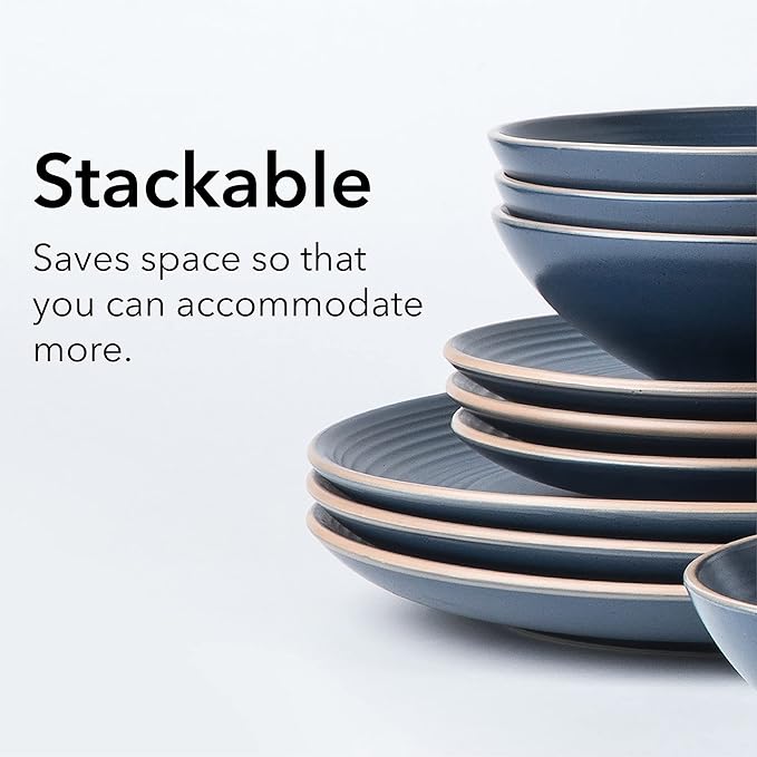 RINGAR Round Stoneware 16pc Double Bowl Dinnerware Set for 4 Dinner Plates Side Plates Cereal Bowls Pasta Bowls - Speckle Matte Blue (420796)