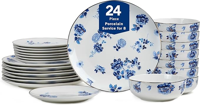 Stone Lain Viola 24-Piece Dinnerware Set Porcelain Plates and Bowls Set Dish Set for 8 Microwave and dishwasher Safe Blue