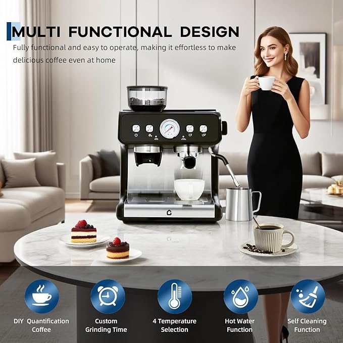 Stainless Steel Espresso Machine with Built-In Grinder 20 Bar Pressure Coffee Maker with Milk Frother Steam Wand 2.8L Removable Water Tank &amp Adjustable Shot Volume for Home or Office Use