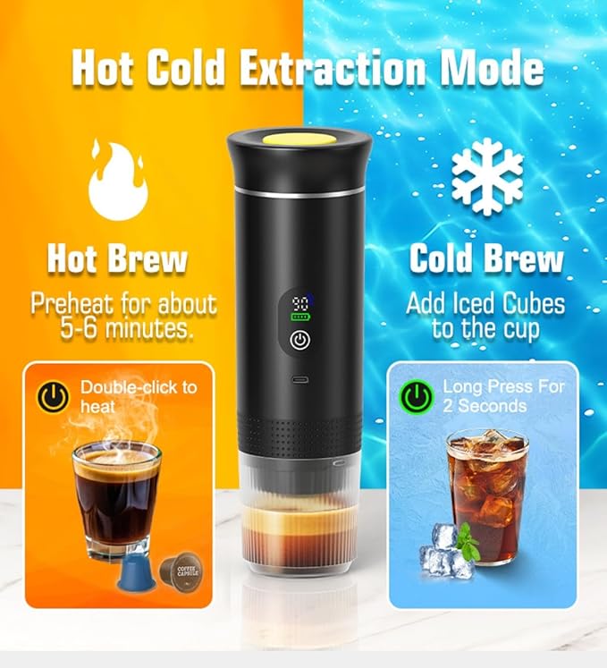 Portable Electric Coffee Maker Digital Display Compatible with Coffee PodsRechargeable Coffee Machine for Travel Camping RVHomeOffice (green)