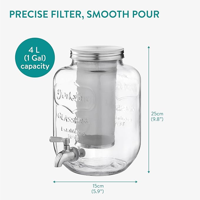 Navaris Cold Brew Coffee Maker - 1 Gallon(4L) Iced Coffee Maker with 18/8 Stainless Steel Leakproof Spigot Mason Jar Glass Drink Dispenser Beverage Dispenser with Filter