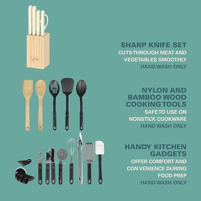 Gibson Home 74 Piece Kitchen in a Box Pots and Pans Cookware Plates and Bowls Dinnerware Cutlery Knife Block Flatware Utensils Tools &amp Gadgets Storage Glasses Set