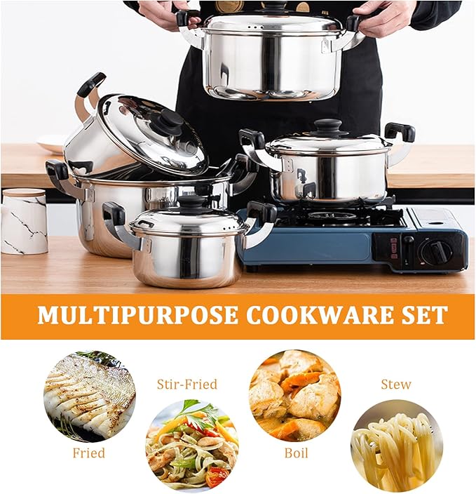 Cooking Pot Saucepan Set 5 Pieces 201 Stainless Steel Pot and Pan Set Induction with Lids Stock Pot Cookware Set Compatible with InductionGas and Electric Hobs Silve