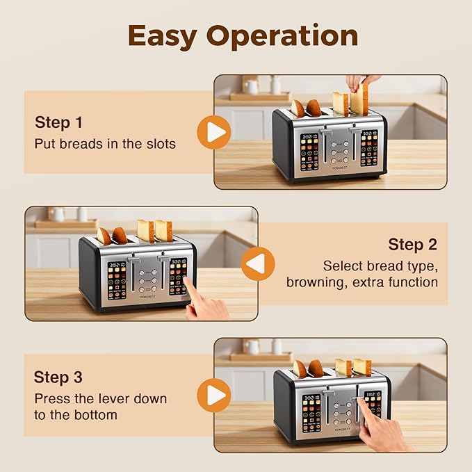 4 Slice Touch Screen Toaster Easy-to-Use Digital Stainless Steel Toaster with Wide Slots Reheat Defrost Cancel Removable Crumb Tray Matte Black
