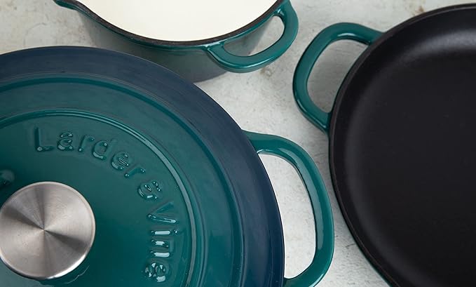 Larder &amp Vine 5-Piece Enameled Cast Iron Cookware Set - Includes 5.7 Quart Dutch Oven with Lid 10.25 Inch Skillet 2.2 Quart Saucepan with Lid (Bondi)