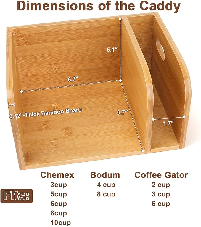 Bamboo Caddy with Lid &amp Heatproof Trivets Mat for Chemex CoffeeMakers - Designed for Chemex Pour - Over Glass Coffeemaker(3/5/6/8/10Cup) for Bodum Pour Over Coffee makers - Bamboo cup not include