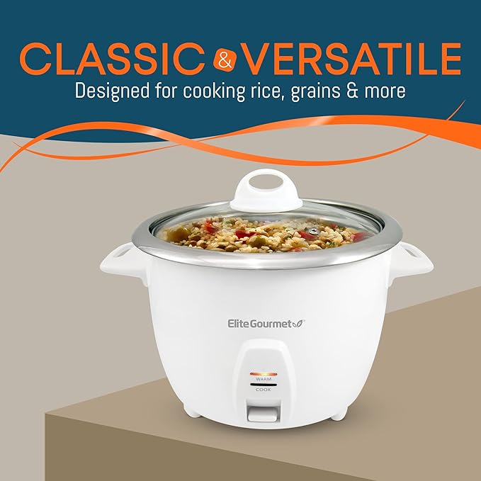 Elite Gourmet ERC-2010 Electric Rice Cooker with Stainless Steel Inner Pot Makes Soups Stews Grains Cereals Keep Warm Feature 10 Cooked (5 Cups Uncooked) White