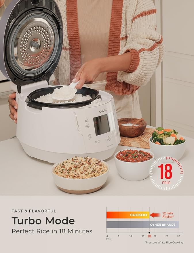 CUCKOO High Pressure Rice Cooker 10-Cup Uncooked / 20-Cup Cooked with Nonstick Inner Pot Large Rice Maker with 13 Menu Options and Steam Plate Fuzzy Logic Tech Voice Guide White (CRP-P1009SW)