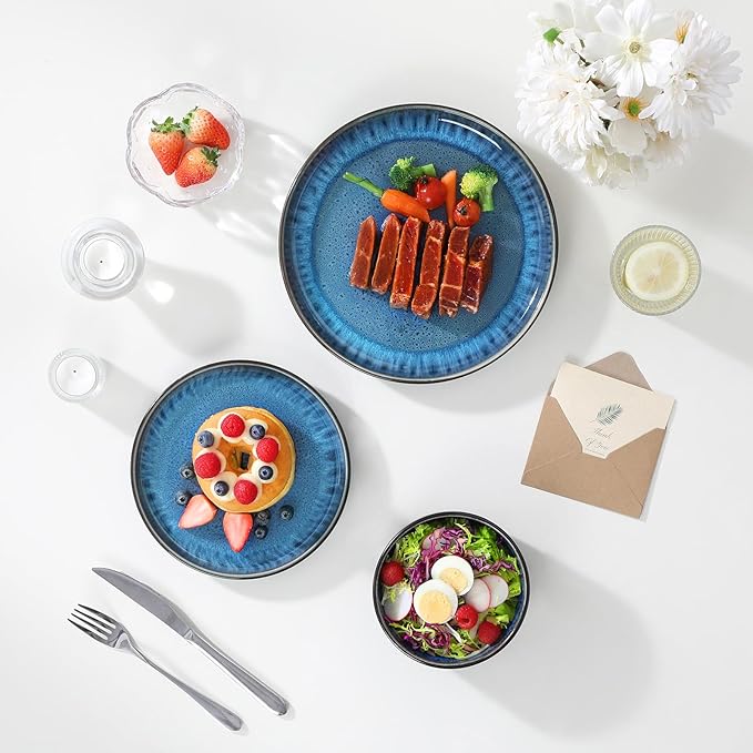 vancasso PLAYA Plates and Bowls Sets 18 Pieces Blue Dinnerware Sets for Kitchen Reactive Glaze Dishes Set for 6 Dishwasher and Microwave Safe