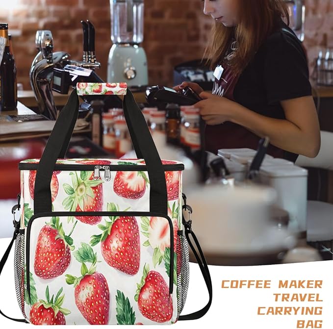 Strawberry Fruit Coffee Maker Carring Bag Travel Carrying Storage Tote Bag Compatible with Keurig K-Mini or K-Mini Plus Portable Single Serve Coffee Brewer Case with Pockets for K-cup Pods