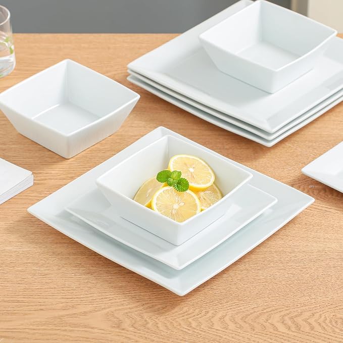 DOMINI 12-Piece Ceramic Kitchen Dinnerware Set Service for 4 Porcelain Dishes Dinner Set Square Dinnerware Sets with Dinner Plates Dessert Plates and Pasta BowlsSquare-White
