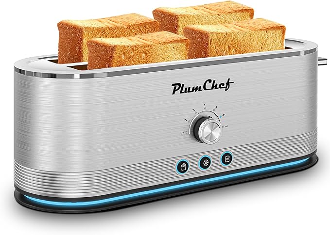 Toaster 4 Slice 7 Browning Settings Defrost/Reheat Functions Removable Crumb Tray Full Body Stainless Steel Housing 1350W Anti-Fingerprint and Anti-Jam Toasters for Bagels and Toast Silver