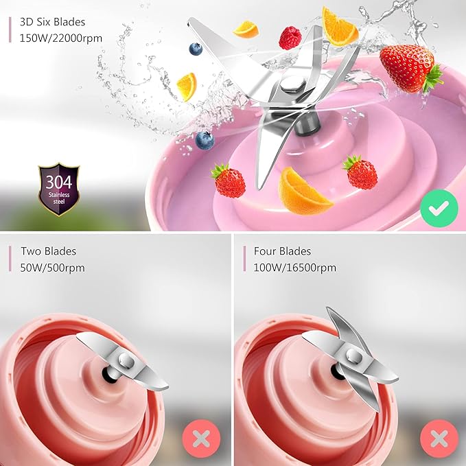 Portable Blender Personal Size Blender for Shakes and Smoothies 4000mAh Rechargeable Mini Travel Blender with 3D Six Blades 13.5Oz Fruit Mixer Cup for Home Sports Outdoor (Pink)