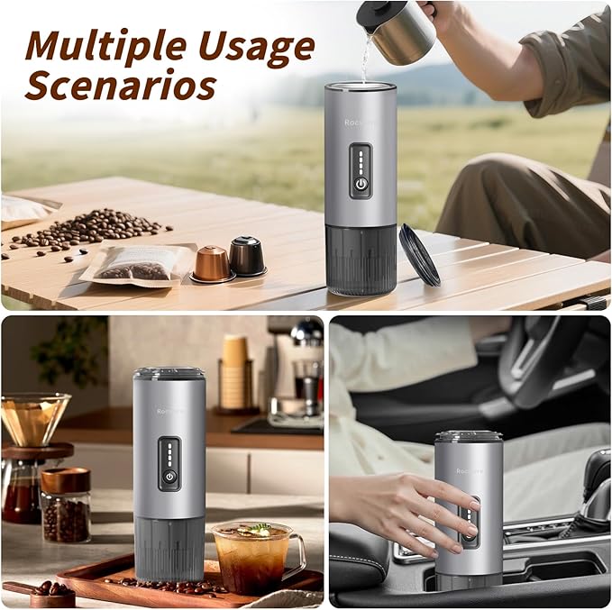 Portable Espresso Maker with Stainless Steel Body | 7500mAh Rechargeable Battery | 20 Bar Self-Heating with USB-C | Works with Most Capsules Compatible for Camping Travel Outdoor (Silvery)