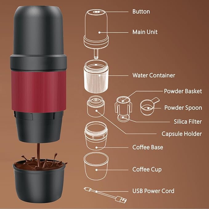 Portable Espresso Maker 15 ATM High Pressure Extract USB Rechargeable 2000mAh Compact and Portable Outdoor Travel/Home/Car Red &amp Black