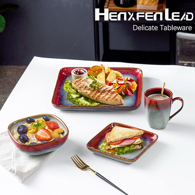 16-Piece Ceramic Square Dinnerware Set for 4 Stoneware Dinner Plates Dessert Plates Bowls Set Coffee Mug Set Microwave Oven and Dishwasher Safe Scratch Resistant
