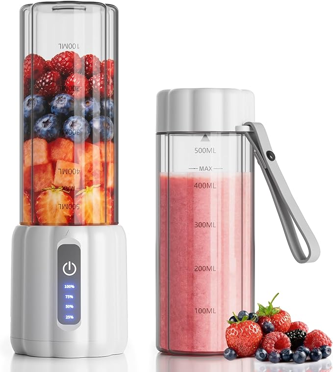 Portable Blender 17 Oz Personal Blender for Smoothies and Shakes Small Juice Mixer with LED Display USB C Rechargeable Shake Maker with 6 Blades for Kitchen Outdoor Gym White
