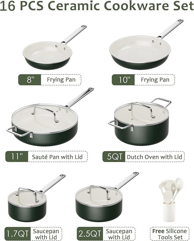 Pots and Pans Set - Nonstick Creamic Kitchen Cookware Sets Non Toxic Cookware Set With Dutch Oven Frying Pan Saucepan Sauté Pan Cooking Utensils Set Pots and Pans for Cooking Set Gifts