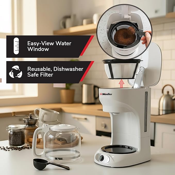 MUELLER HOME 12-Cup White Coffee Maker - Borosilicate Carafe Auto-Off Reusable Filter Anti-Drip Keep-Warm Function Clear Water Level Window White Kitchen Accessories