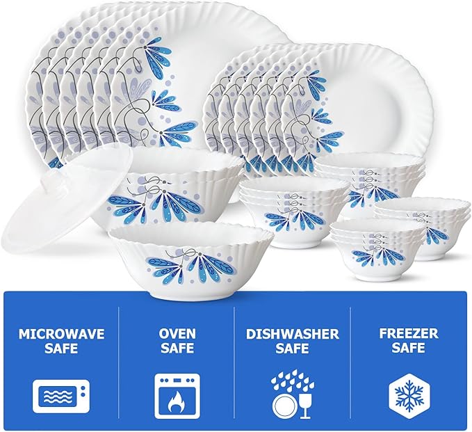Borosil Gourmet Dinnerware Set For 6 35 Pieces White Dinner Plates and Bowls Sets Chip Resistant Tempered Opal Glass Stain Resistant Dishwasher &amp Microwave Safe Dinner Set For Gifting Serves