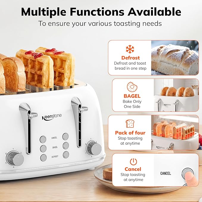 Keenstone Toaster 4 Slice Retro Stainless Steel Wide Slot Toaster with Dual Independent Controls 6 Browning Levels Bagel Defrost Reheat &amp Cancel Removable Crumb Tray White