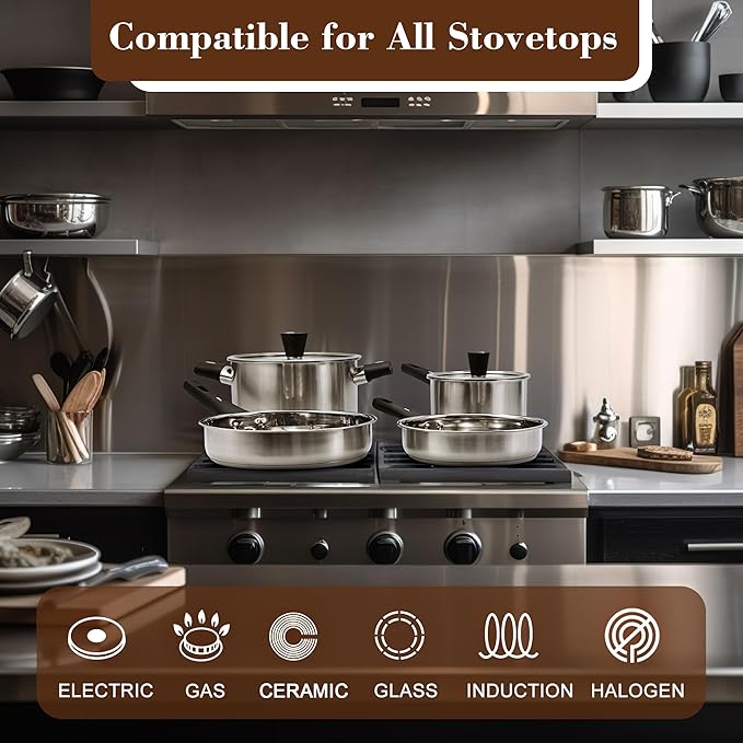 6-Piece Stainless Steel Pots and Pans Set Kitchen Cookware Set with Stay-Cool Handles Compatible with Gas Electric &amp Induction Dishwasher Safe Non-Toxic &amp Durable for Everyday Cooking