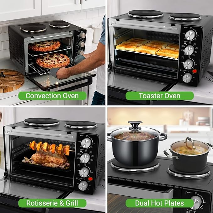 Nutrichef 2-in-1 Convection Oven &amp Cooker - 30 Quart 1500W Multi-Function Kitchen Oven with Dual Hot Plates 7 Cooking Modes Including Rotisserie Broil Bake - 19.6 x 16.0 x 13.5 Inches