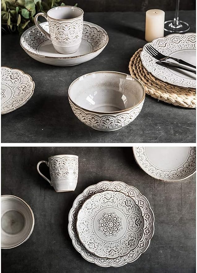 Dinnerware Sets - Luxury Gift Dishes Service Set 24 Pieces Retro Style Porcelain Dinnerware Set | Relief Cereals Bowl &amp Mug &amp Plate for Wedding Gifts and Family Gathering