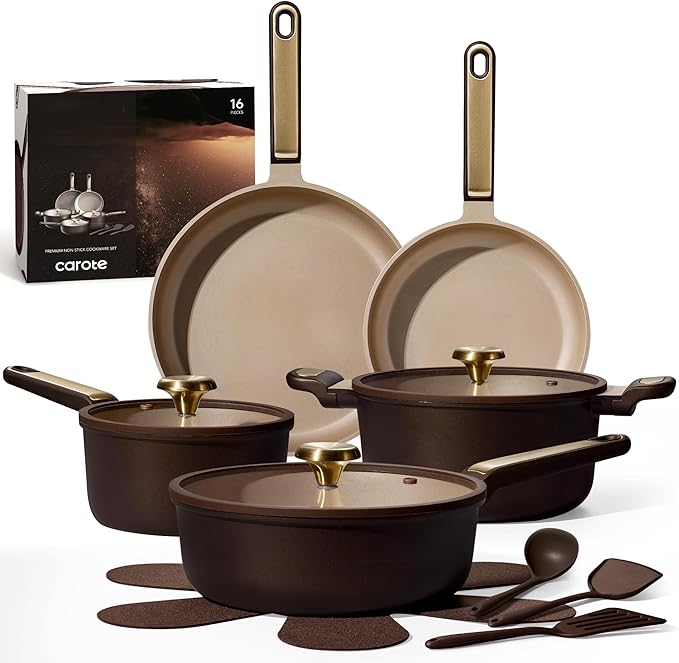 CAROTE Pots and Pans Set Nonstick 16pcs Cookware Set Nonstick Non-Toxic &amp PFOA&ampPFOS-Free Dishwasher RV/Camping Cookware Set Cooking Pots with Lids Brown