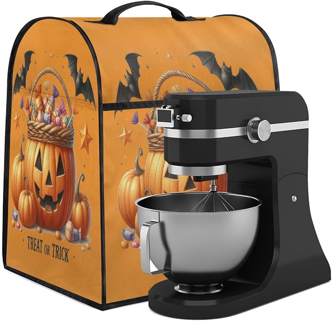 cfpolar Kitchen Aid Mixer Cover Compatible with 6-8 Quarts Halloween Pumpkin Candy Bats Stand Mixer Cover Kitchen Aid Mixers Accessories Appliance Organizer Bag Dust Covers with Zipper Pocket