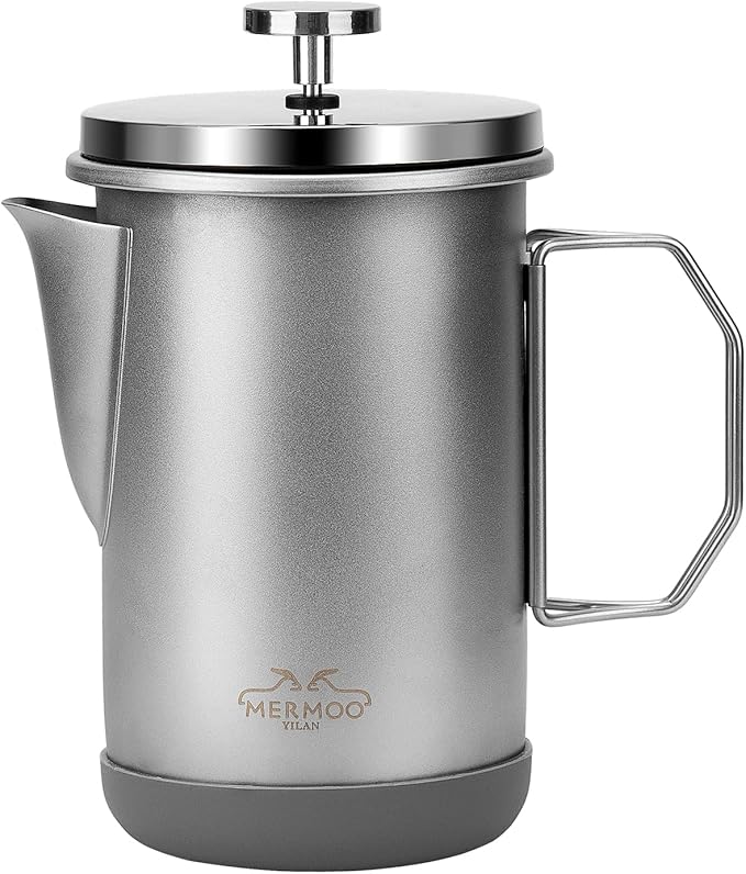 MERMOO YILAN Stainless Steel French Press Coffee Maker Manual Milk Frother 32oz for 4-6 Cup Foldable Handle Insulated Coffee Press Portable for Camping Home Use (Silver)