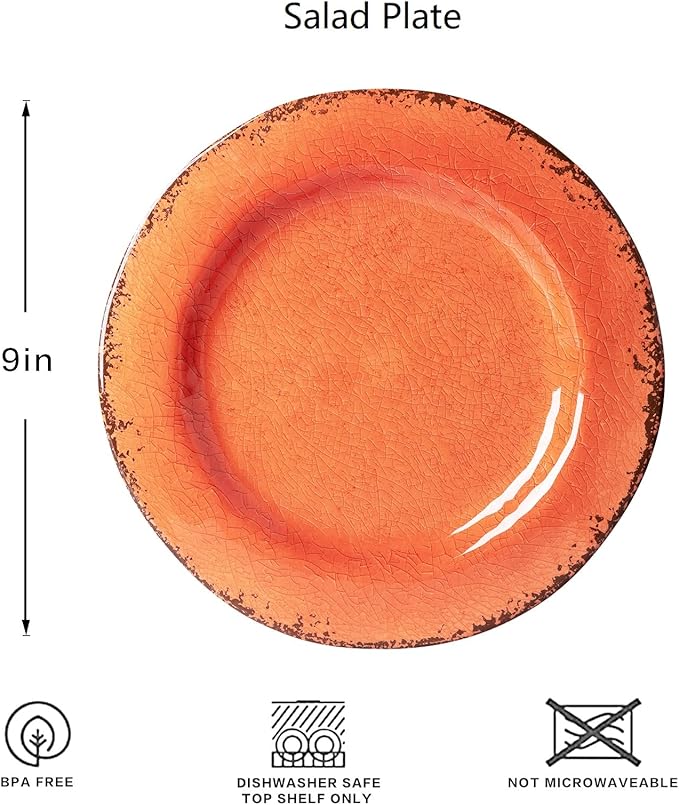 LEHAHA Melamine Salad/Dessert Plates Crackled Design Plates Set of 6 9 inch Small Dinner Plates Modern Rustic Kitchen Serving Dishes for Party Picnic and Camping Use Orange