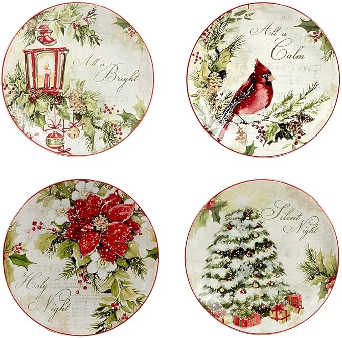 Silent Night 16 Pc Dinnerware Set Service for 4 Multi Color Red White Holiday Casual Modern Contemporary Round Piece Dishwasher Safe Microwave