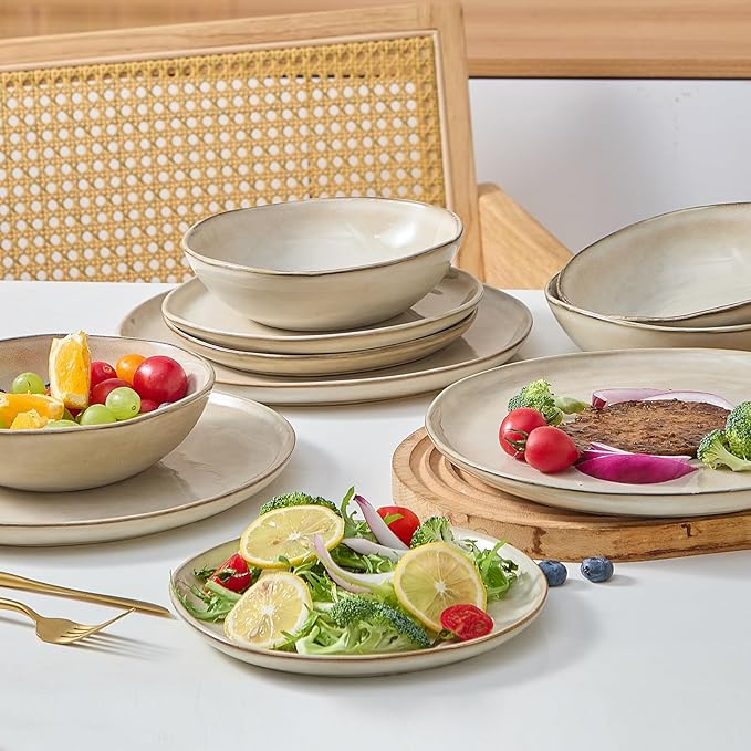 Bestone 12 Piece Round Kitchen Dinnerware SetsPlates and Bowls setsDishes Plates Bowls Dish Set Chip Resistant Ceramic Dinnerware Set Dishwasher/Microwave SafeService for 4Brown