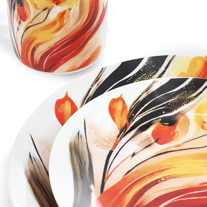 16‑Piece Porcelain Dinnerware Set with Floral Design – Round Plates Bowls and Mugs Microwave &amp Dishwasher Safe Tableware for 4 (Multi Color)