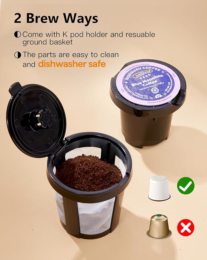 Single Serve One Cup Coffee Maker for K Cups and Grounds Mini Coffee Maker with Portable Handle 6 to 12 Oz Brew Size for Travel Camping Office RV and Dorm 120V White and Brown