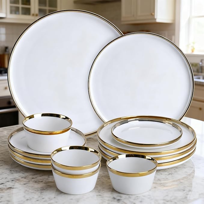 12 Pieces white and Gold Porcelain Dinnerware Set Plates and Bowls | Dinner and Salad Plates Ramen Bowls Dishes for 4 | Chip and Crack Resistant | Dishwasher &amp Microwave Safe Dishes Set