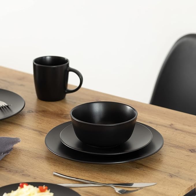 Rimmed Dinnerware Set | Mugs Salad and Dinner Plates and Bowls Sets Dishes with Highly Chip and Crack Resistant Dishwasher and Microwave Safe (Black Service For 8)