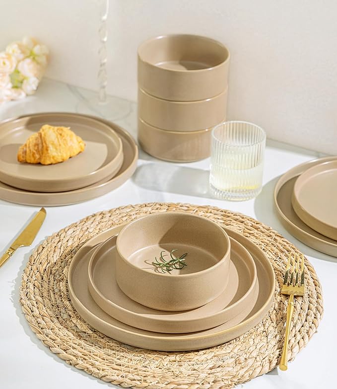 TheTerra Ceramic Dinnerware Sets for 4 12 Pieces Handmade Reactive Glaze Plates and Bowls Set Scratch Resistant Dish Set Oven &amp Microwave &amp Dishwasher Safe Ivory Cream