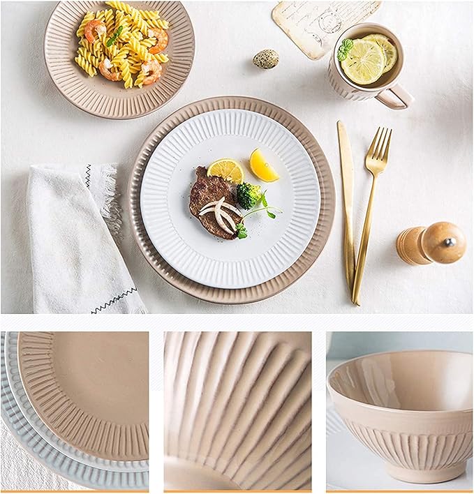 Porcelain Dinnerware Sets Plates and Bowls Sets Porcelain Dinnerware Sets Cereals Bowls and Steak Plates Sets | 34 Pieces Vintage Relief Tw