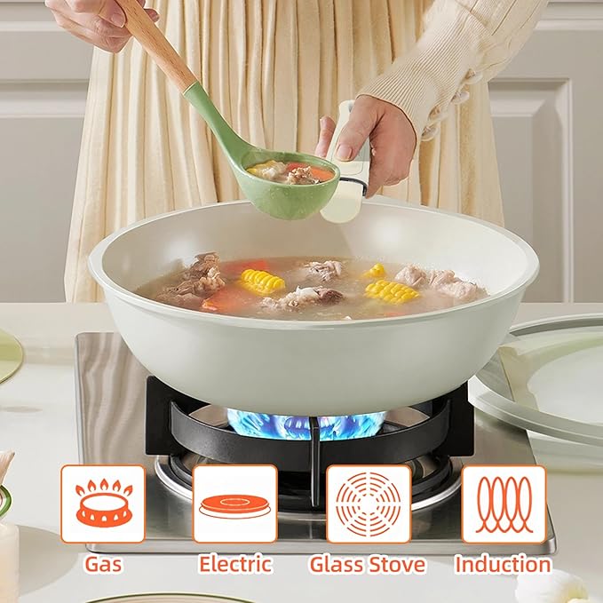 11 PCS pots and pans set pots and pans set non stick Removable Handles Induction and Oven Safe Cookware Set Dishwasher Safe Cream